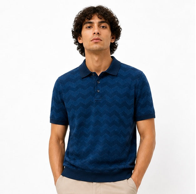 Chevron Textured Knit Polo – Navy