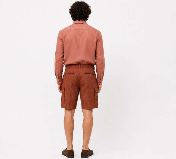 Herringbone Linen Cargo Shorts - Rust