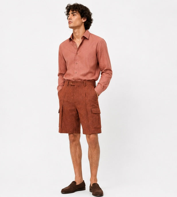 Herringbone Linen Cargo Shorts - Rust