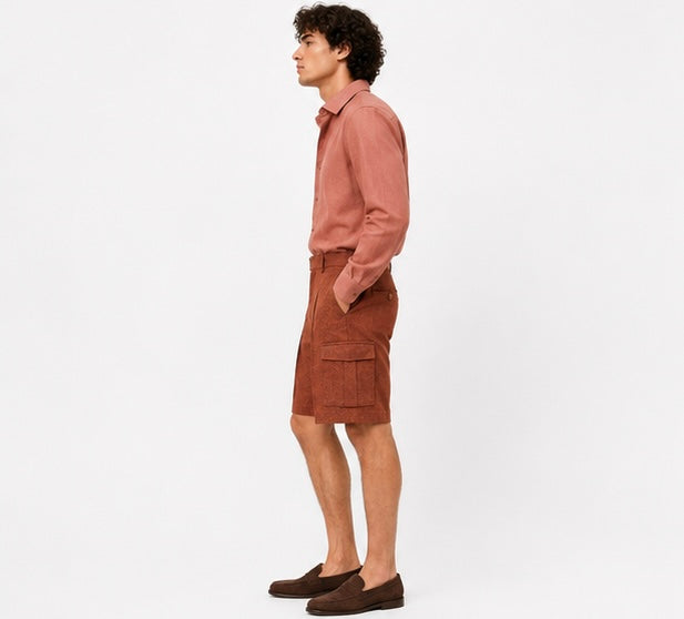 Herringbone Linen Cargo Shorts - Rust