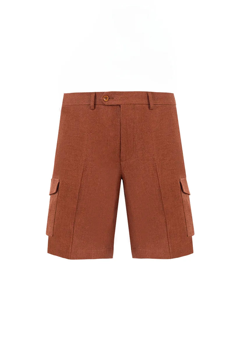 Herringbone Linen Cargo Shorts - Rust