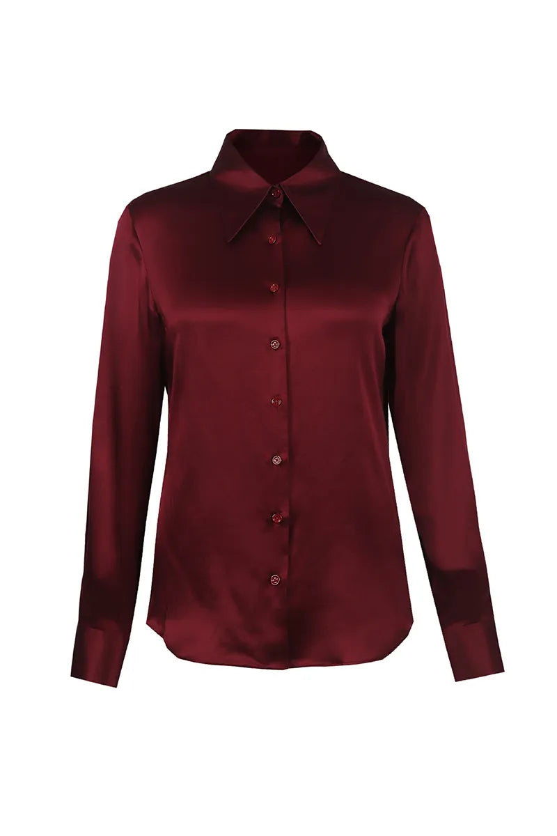 Satin Pointed Collar Shirt - Burgundy