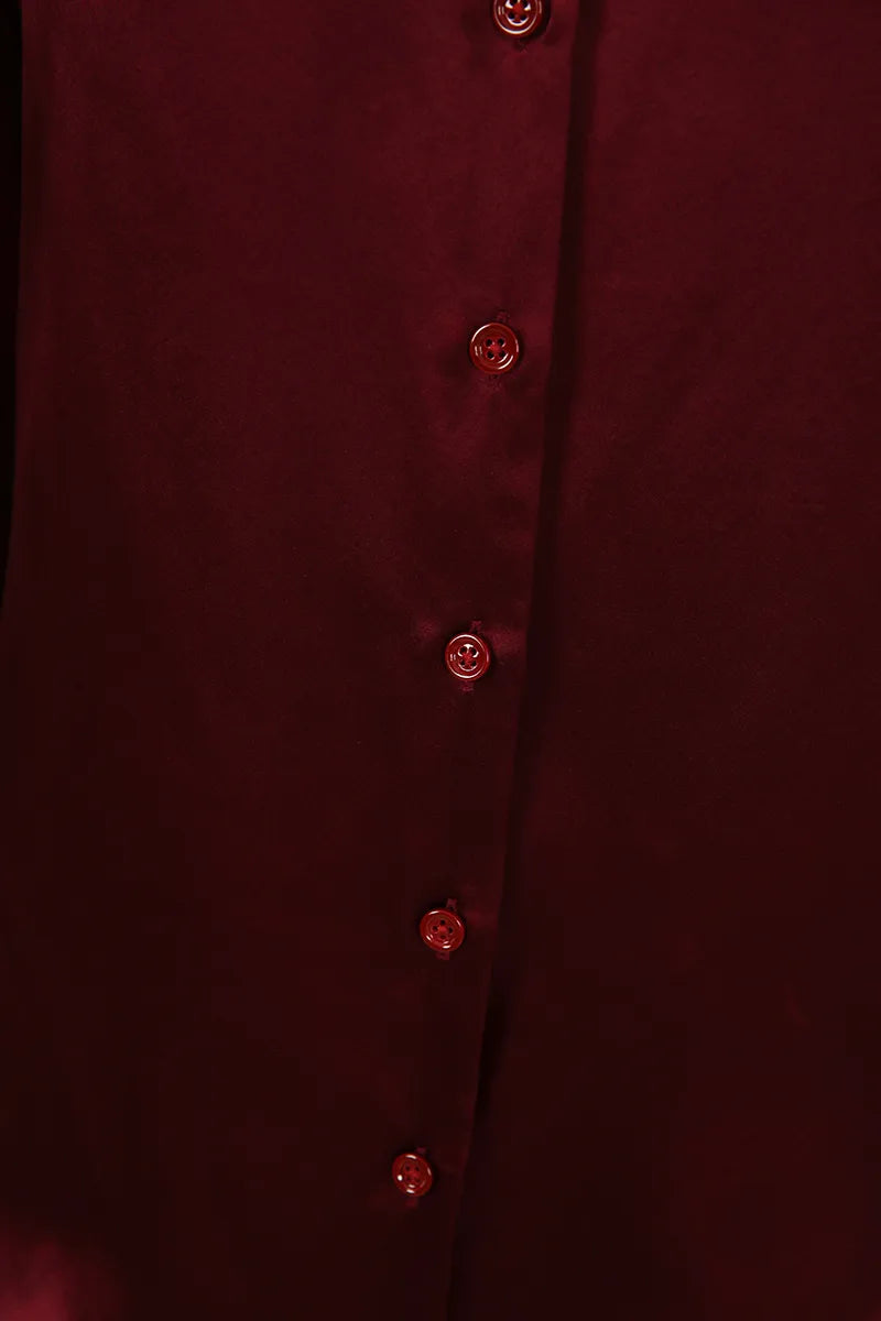 Satin Pointed Collar Shirt - Burgundy